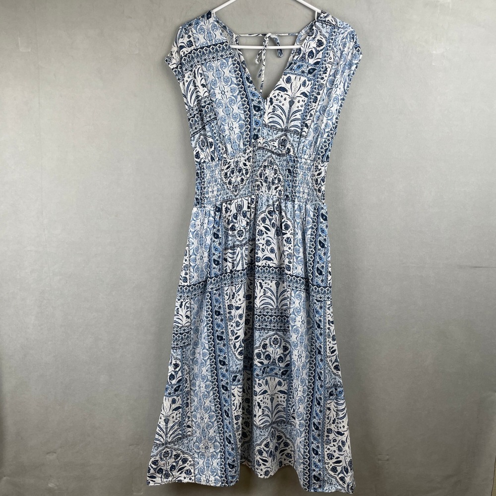 Old Navy Blue Paisley Smocked Waist Midi Dress V-Neck Cap Sleeve S Cottagecore